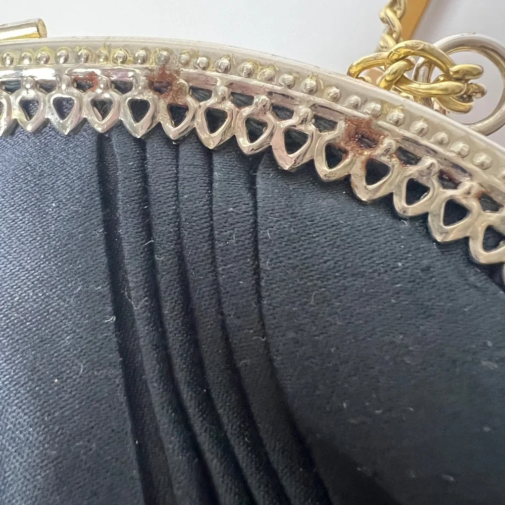 Vintage Black Pleated Satin Evening Clutch Handbag Chain Strap Kiss Lock Clasp‎